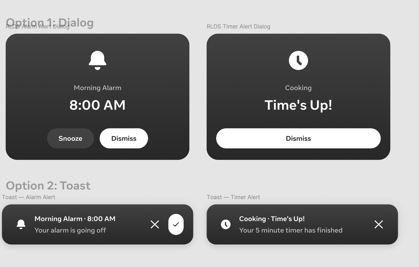 Alert pattern exploration: Option 1 full dialog with Snooze and Dismiss, Option 2 compact toast notification for both alarm and timer