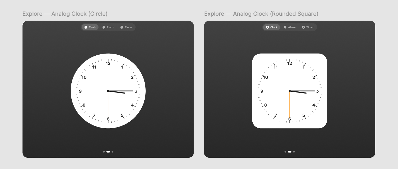 Two analog clock face explorations side-by-side: a perfect circle on the left and a rounded square on the right
