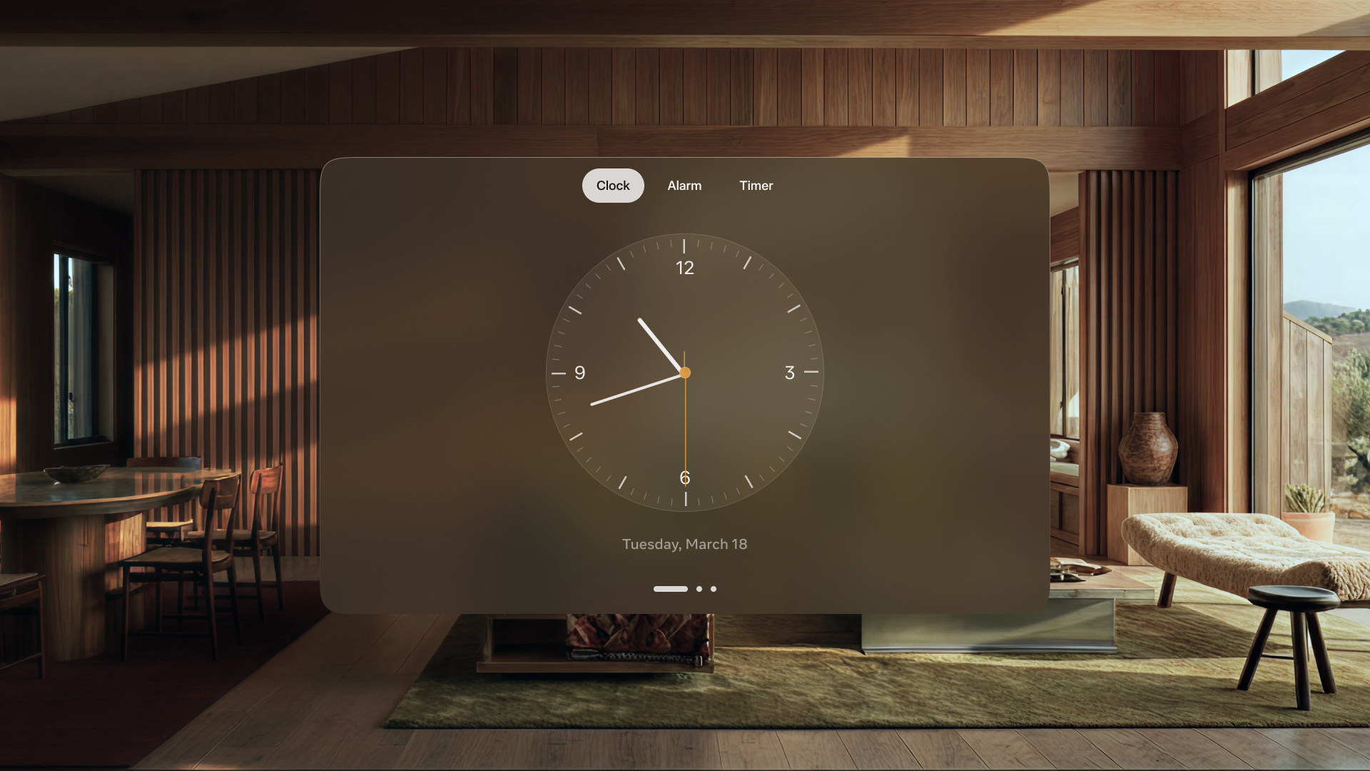 High-fidelity Clock concept: translucent liquid-glass surface with an analog face and warm amber second hand, augmenting a wood-paneled living room