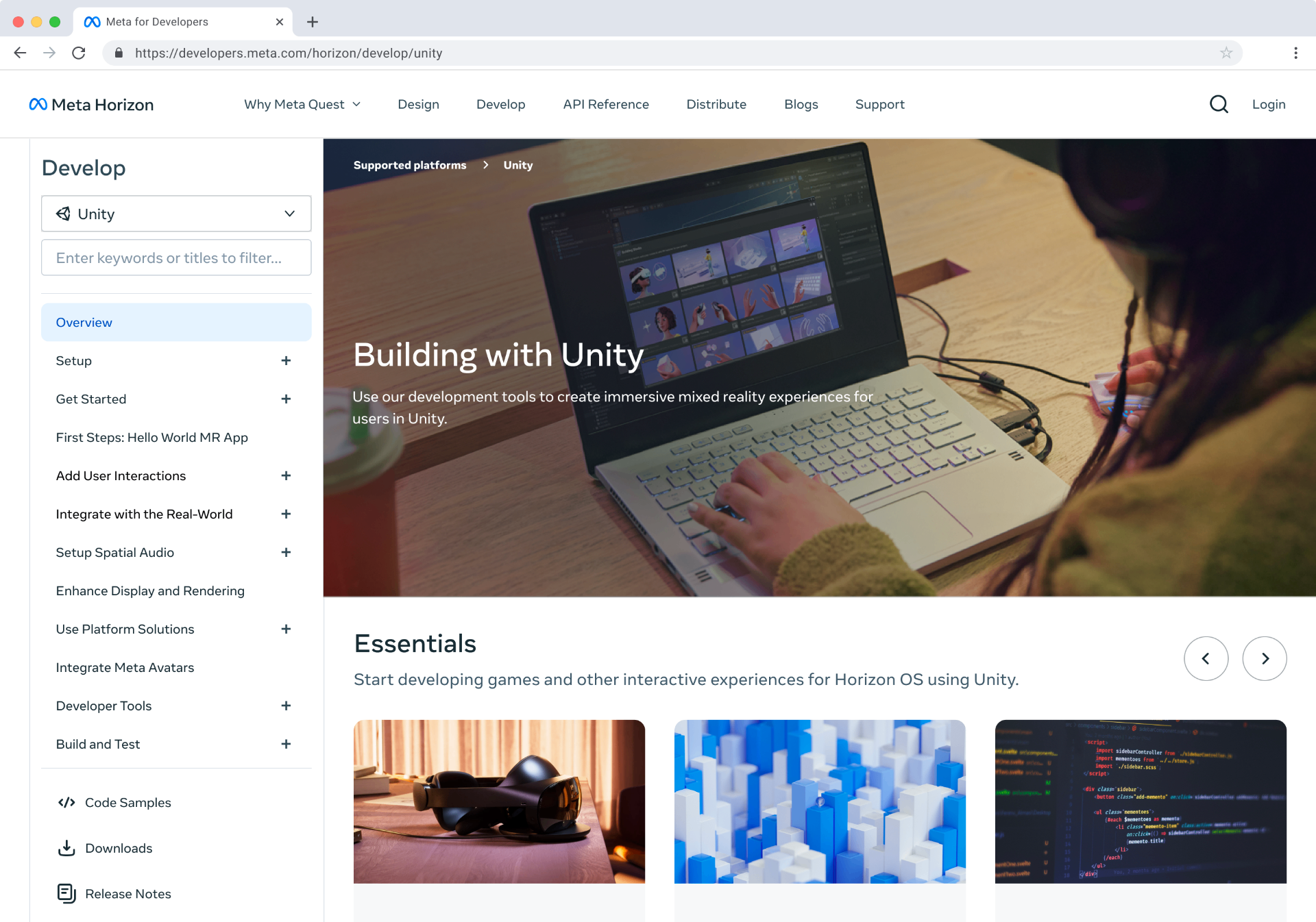 Meta Horizon developer center showing the Unity build path documentation