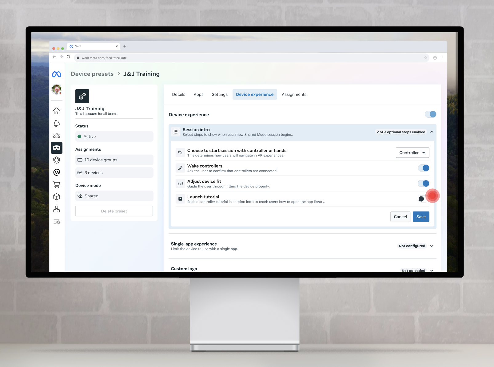 Device preset detail view configuring session intro steps for Shared Mode